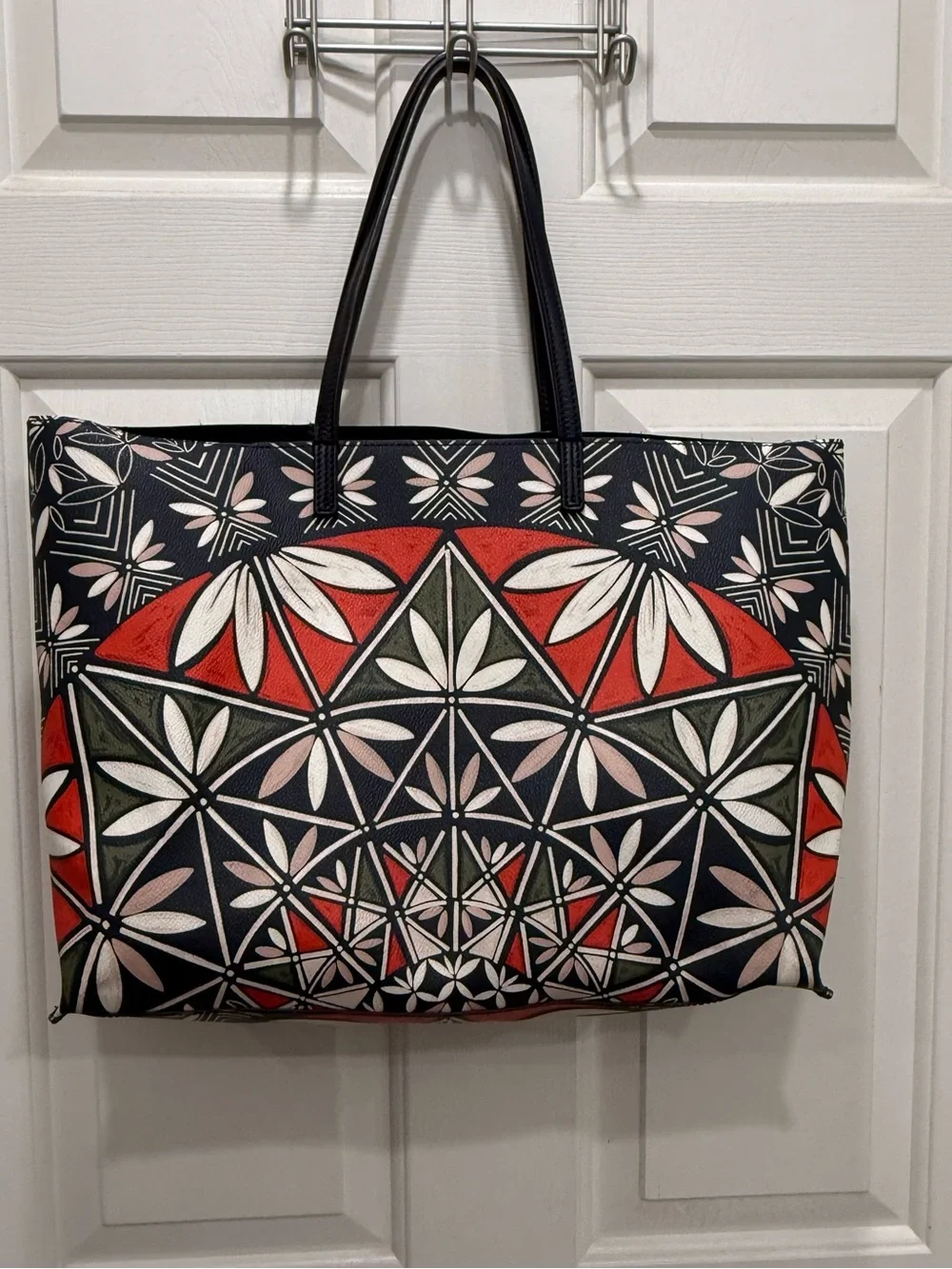 Tory Burch Floral Geometric Canvas Tote Bag in Navy and Red